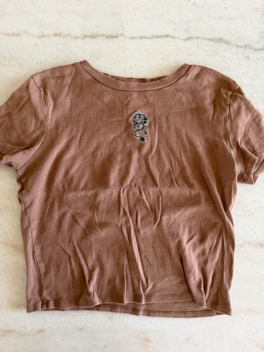 Mauve Brown Short Sleeve Tee with Small Rose Embroidery